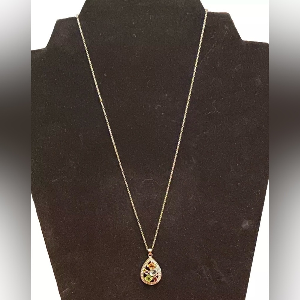 Sterling Silver Multi Gemstone Teardrop Pendant Necklace. Multi-Colored